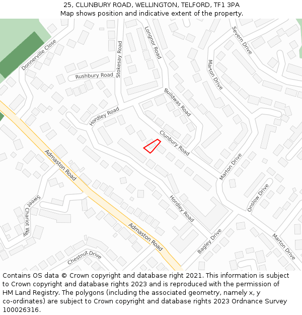 25, CLUNBURY ROAD, WELLINGTON, TELFORD, TF1 3PA: Location map and indicative extent of plot