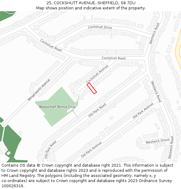 25, COCKSHUTT AVENUE, SHEFFIELD, S8 7DU: Location map and indicative extent of plot