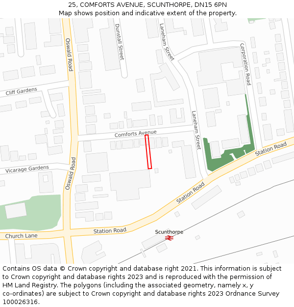 25, COMFORTS AVENUE, SCUNTHORPE, DN15 6PN: Location map and indicative extent of plot