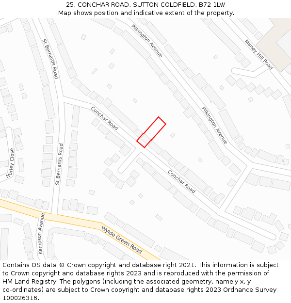 25, CONCHAR ROAD, SUTTON COLDFIELD, B72 1LW: Location map and indicative extent of plot