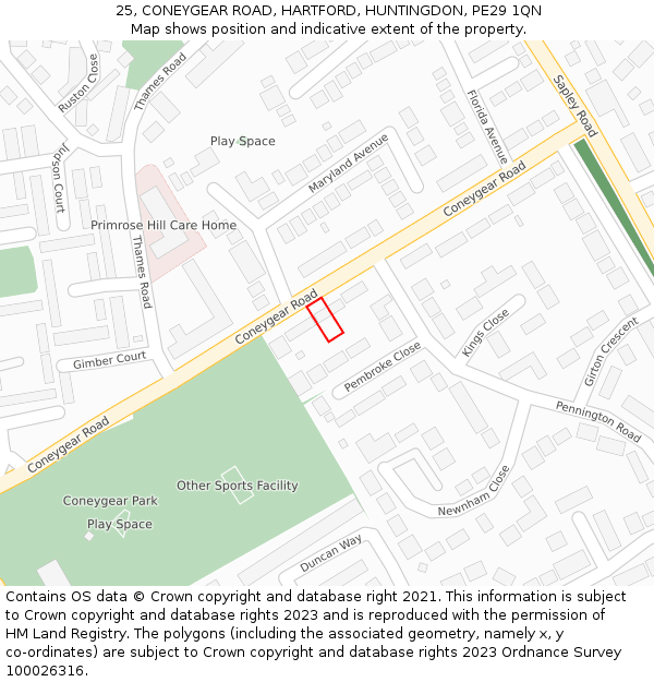 25, CONEYGEAR ROAD, HARTFORD, HUNTINGDON, PE29 1QN: Location map and indicative extent of plot