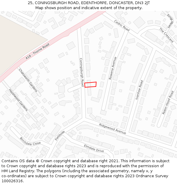 25, CONINGSBURGH ROAD, EDENTHORPE, DONCASTER, DN3 2JT: Location map and indicative extent of plot