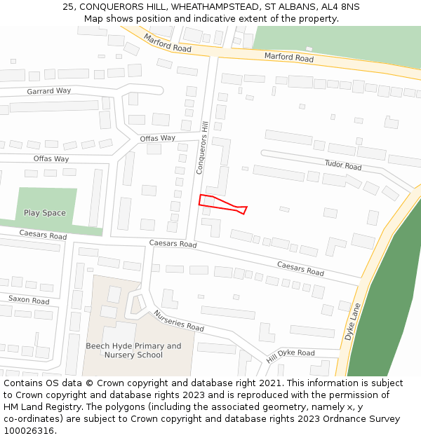 25, CONQUERORS HILL, WHEATHAMPSTEAD, ST ALBANS, AL4 8NS: Location map and indicative extent of plot