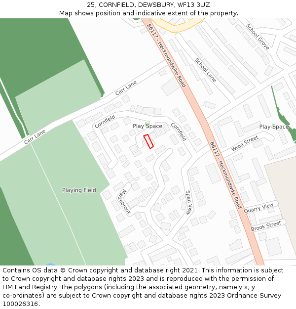 25, CORNFIELD, DEWSBURY, WF13 3UZ: Location map and indicative extent of plot