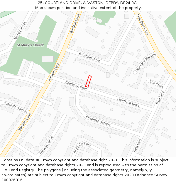 25, COURTLAND DRIVE, ALVASTON, DERBY, DE24 0GL: Location map and indicative extent of plot
