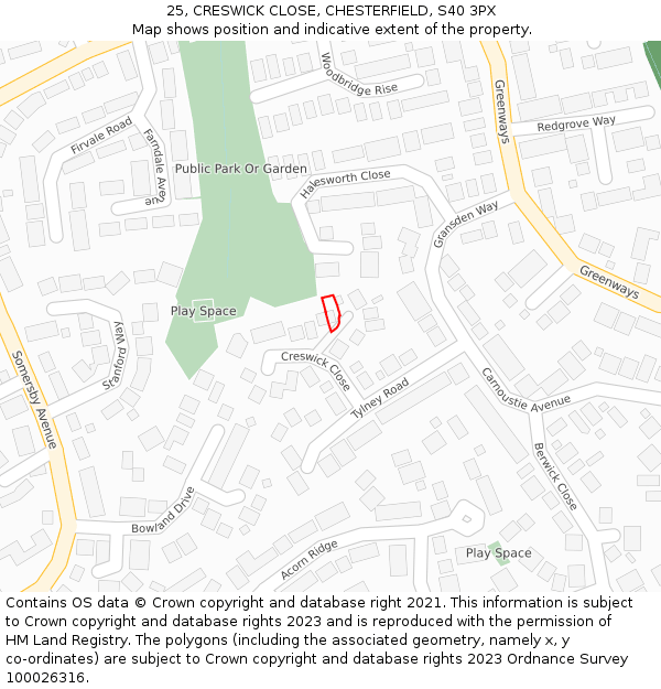25, CRESWICK CLOSE, CHESTERFIELD, S40 3PX: Location map and indicative extent of plot
