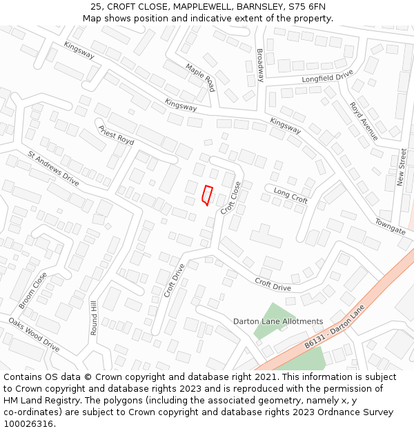 25, CROFT CLOSE, MAPPLEWELL, BARNSLEY, S75 6FN: Location map and indicative extent of plot