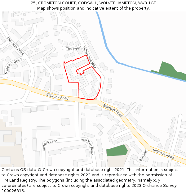 25, CROMPTON COURT, CODSALL, WOLVERHAMPTON, WV8 1GE: Location map and indicative extent of plot