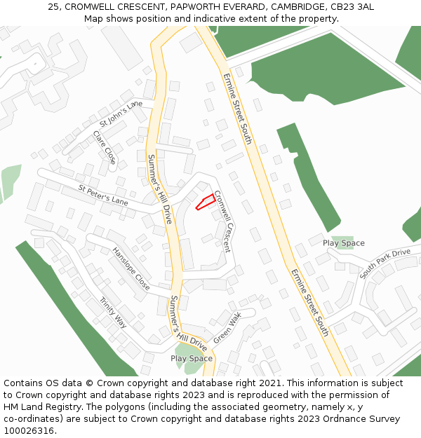 25, CROMWELL CRESCENT, PAPWORTH EVERARD, CAMBRIDGE, CB23 3AL: Location map and indicative extent of plot