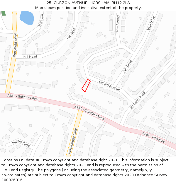 25, CURZON AVENUE, HORSHAM, RH12 2LA: Location map and indicative extent of plot