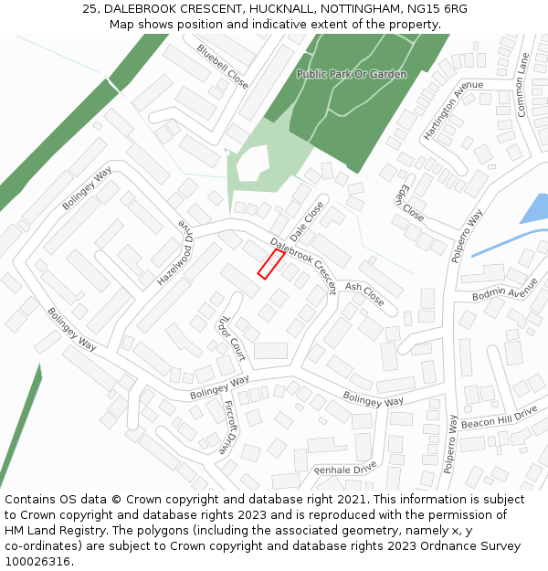 25, DALEBROOK CRESCENT, HUCKNALL, NOTTINGHAM, NG15 6RG: Location map and indicative extent of plot