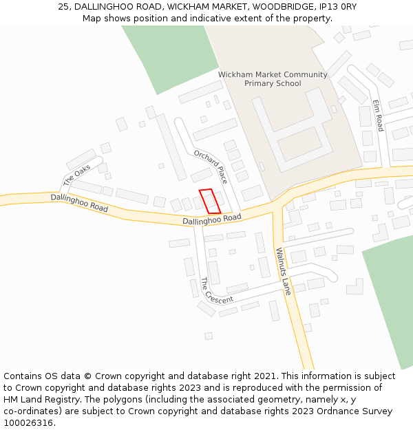 25, DALLINGHOO ROAD, WICKHAM MARKET, WOODBRIDGE, IP13 0RY: Location map and indicative extent of plot