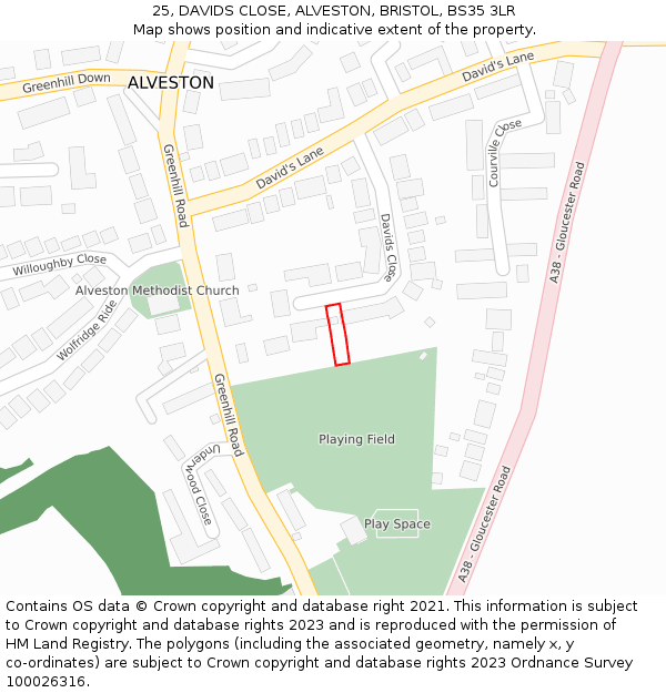 25, DAVIDS CLOSE, ALVESTON, BRISTOL, BS35 3LR: Location map and indicative extent of plot