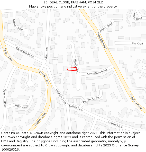 25, DEAL CLOSE, FAREHAM, PO14 2LZ: Location map and indicative extent of plot