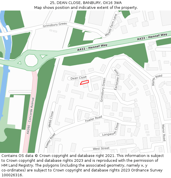 25, DEAN CLOSE, BANBURY, OX16 3WA: Location map and indicative extent of plot