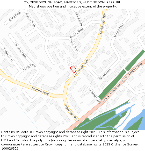 25, DESBOROUGH ROAD, HARTFORD, HUNTINGDON, PE29 1RU: Location map and indicative extent of plot