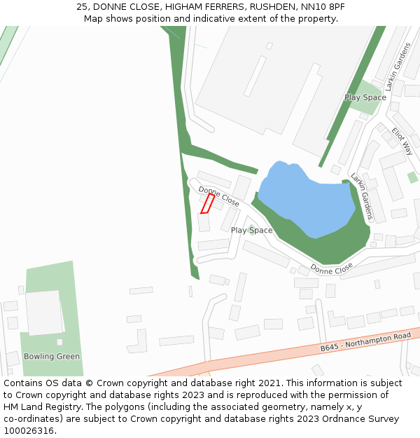 25, DONNE CLOSE, HIGHAM FERRERS, RUSHDEN, NN10 8PF: Location map and indicative extent of plot