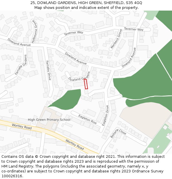 25, DOWLAND GARDENS, HIGH GREEN, SHEFFIELD, S35 4GQ: Location map and indicative extent of plot