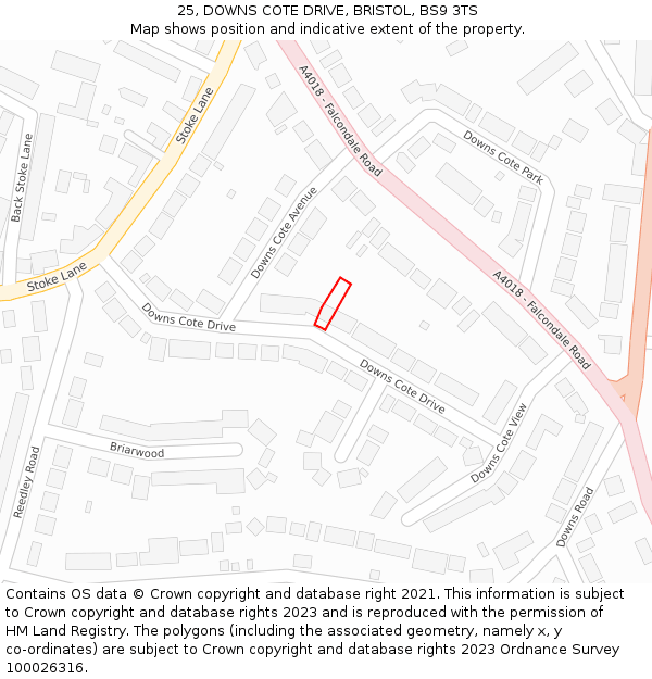 25, DOWNS COTE DRIVE, BRISTOL, BS9 3TS: Location map and indicative extent of plot