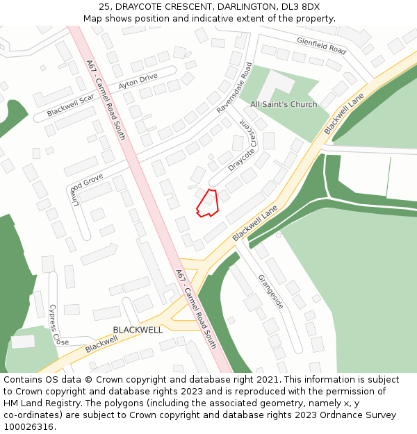 25, DRAYCOTE CRESCENT, DARLINGTON, DL3 8DX: Location map and indicative extent of plot