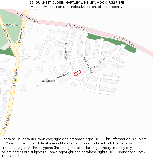 25, DUNNETT CLOSE, HARTLEY WINTNEY, HOOK, RG27 8FE: Location map and indicative extent of plot