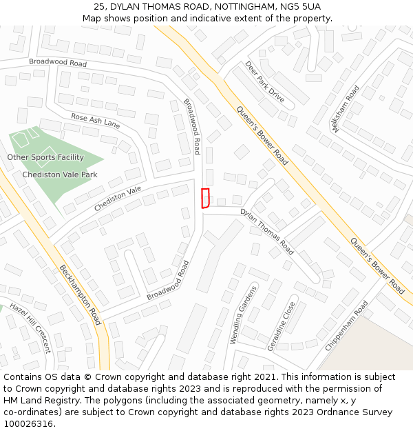 25, DYLAN THOMAS ROAD, NOTTINGHAM, NG5 5UA: Location map and indicative extent of plot