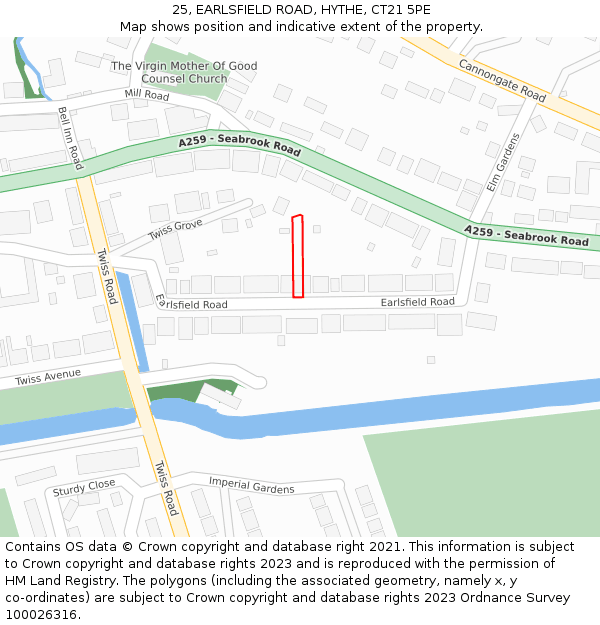 25, EARLSFIELD ROAD, HYTHE, CT21 5PE: Location map and indicative extent of plot