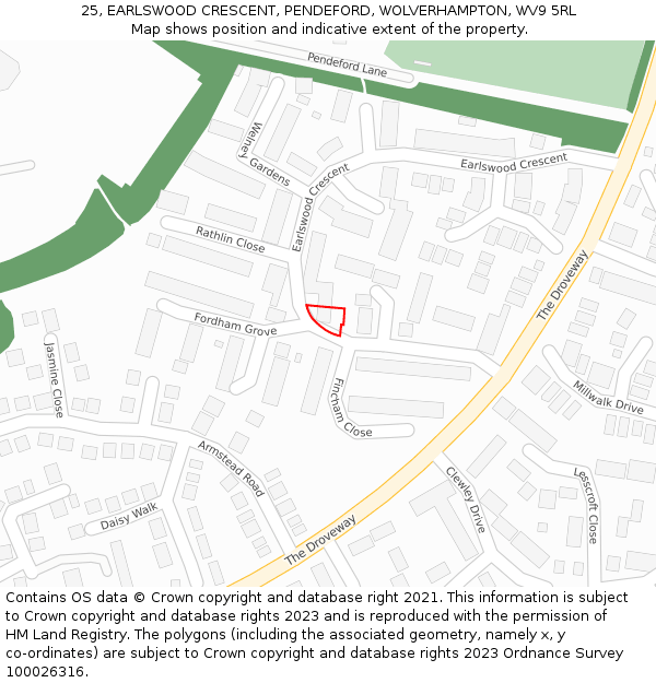 25, EARLSWOOD CRESCENT, PENDEFORD, WOLVERHAMPTON, WV9 5RL: Location map and indicative extent of plot