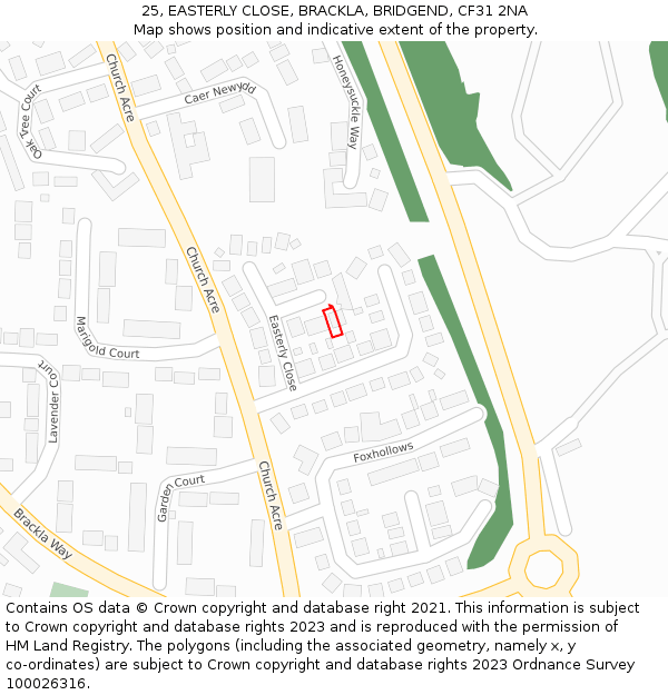 25, EASTERLY CLOSE, BRACKLA, BRIDGEND, CF31 2NA: Location map and indicative extent of plot