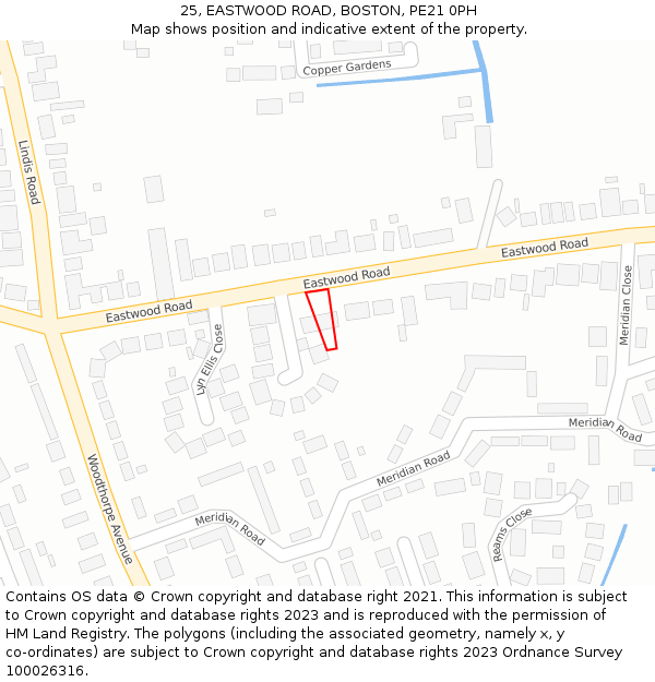 25, EASTWOOD ROAD, BOSTON, PE21 0PH: Location map and indicative extent of plot