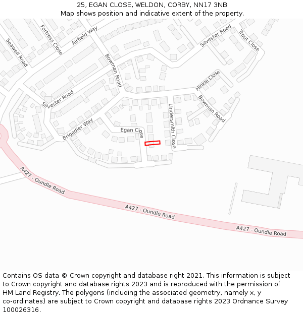 25, EGAN CLOSE, WELDON, CORBY, NN17 3NB: Location map and indicative extent of plot