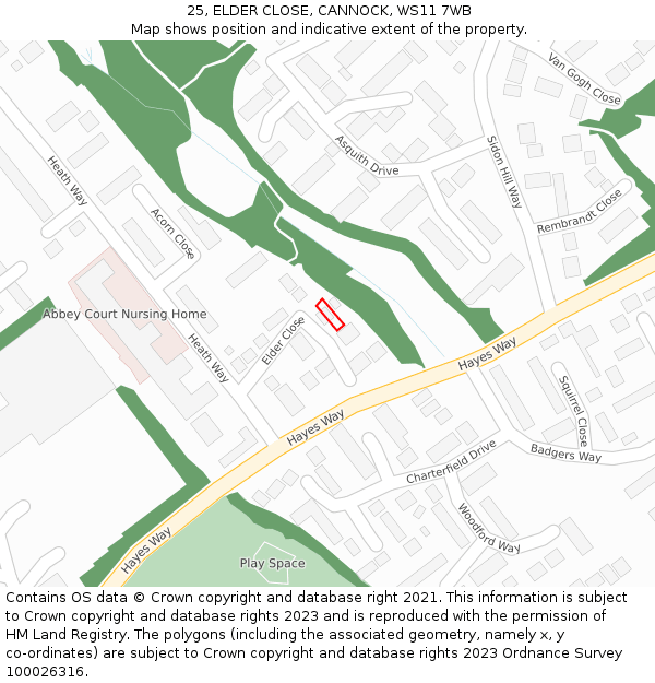 25, ELDER CLOSE, CANNOCK, WS11 7WB: Location map and indicative extent of plot