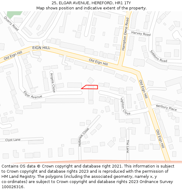 25, ELGAR AVENUE, HEREFORD, HR1 1TY: Location map and indicative extent of plot