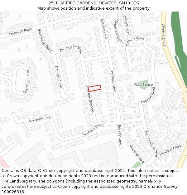 25, ELM TREE GARDENS, DEVIZES, SN10 3ES: Location map and indicative extent of plot