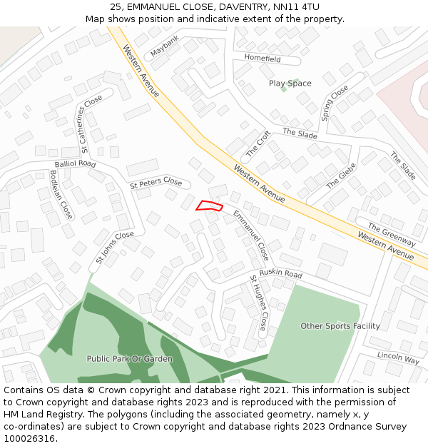 25, EMMANUEL CLOSE, DAVENTRY, NN11 4TU: Location map and indicative extent of plot