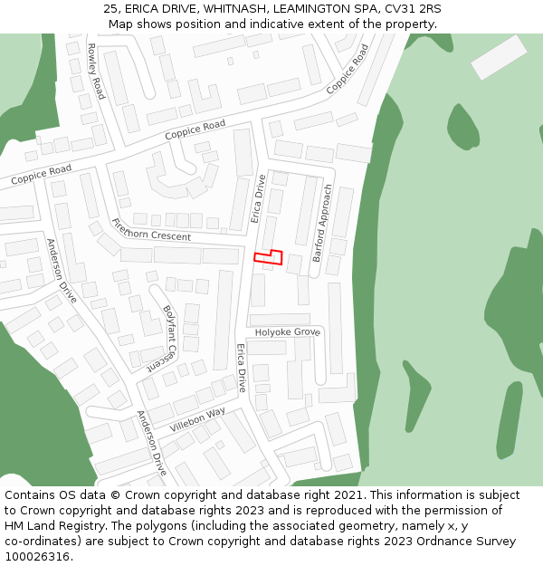 25, ERICA DRIVE, WHITNASH, LEAMINGTON SPA, CV31 2RS: Location map and indicative extent of plot