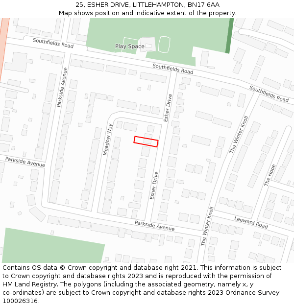 25, ESHER DRIVE, LITTLEHAMPTON, BN17 6AA: Location map and indicative extent of plot