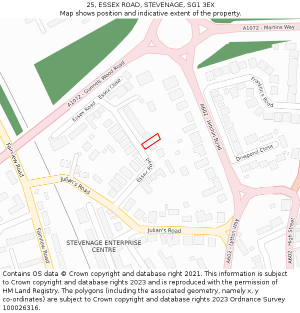 25, ESSEX ROAD, STEVENAGE, SG1 3EX: Location map and indicative extent of plot