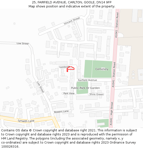 25, FAIRFIELD AVENUE, CARLTON, GOOLE, DN14 9FP: Location map and indicative extent of plot