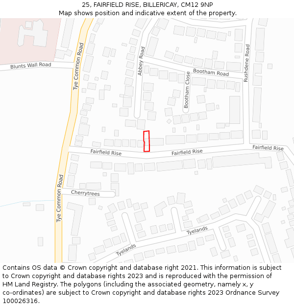 25, FAIRFIELD RISE, BILLERICAY, CM12 9NP: Location map and indicative extent of plot