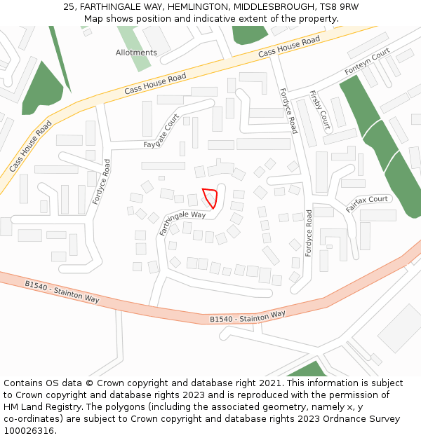 25, FARTHINGALE WAY, HEMLINGTON, MIDDLESBROUGH, TS8 9RW: Location map and indicative extent of plot