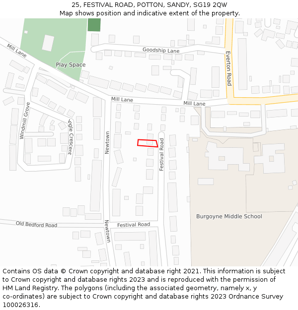 25, FESTIVAL ROAD, POTTON, SANDY, SG19 2QW: Location map and indicative extent of plot