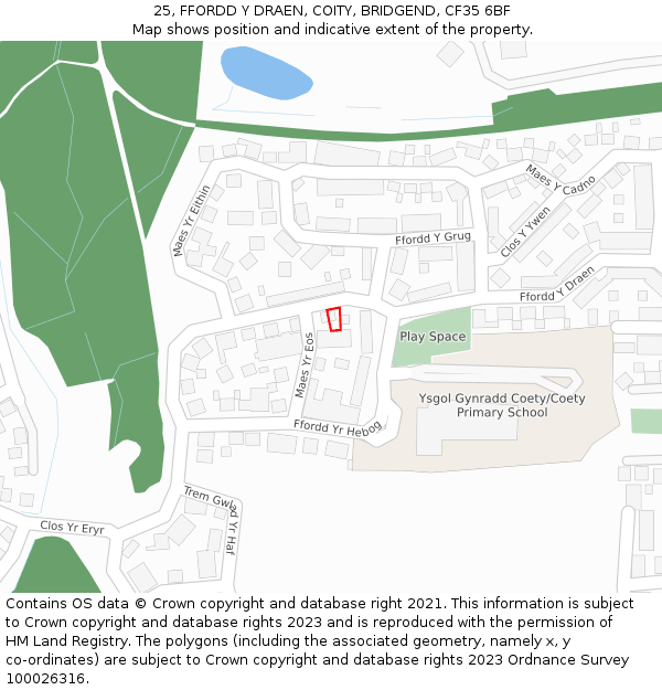25, FFORDD Y DRAEN, COITY, BRIDGEND, CF35 6BF: Location map and indicative extent of plot