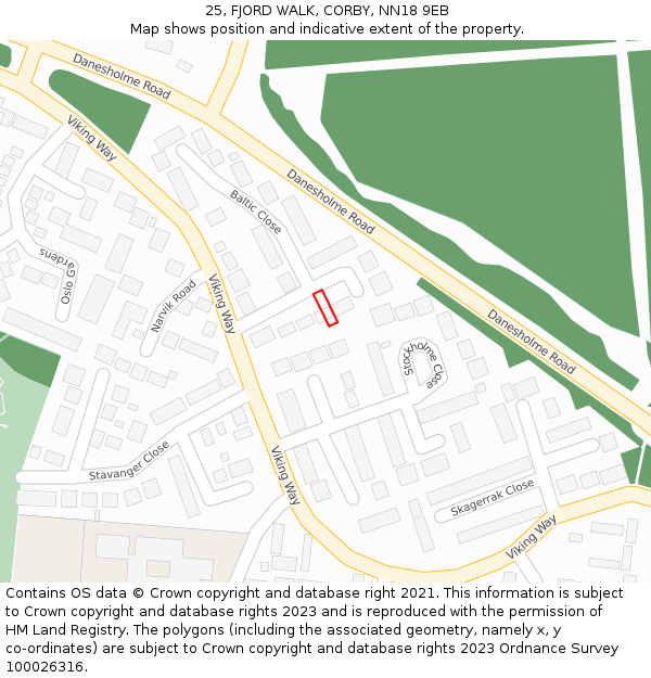 25, FJORD WALK, CORBY, NN18 9EB: Location map and indicative extent of plot