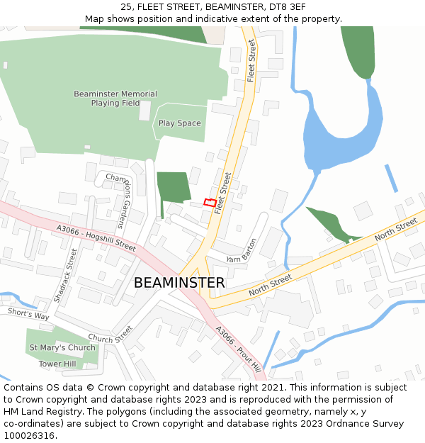 25, FLEET STREET, BEAMINSTER, DT8 3EF: Location map and indicative extent of plot