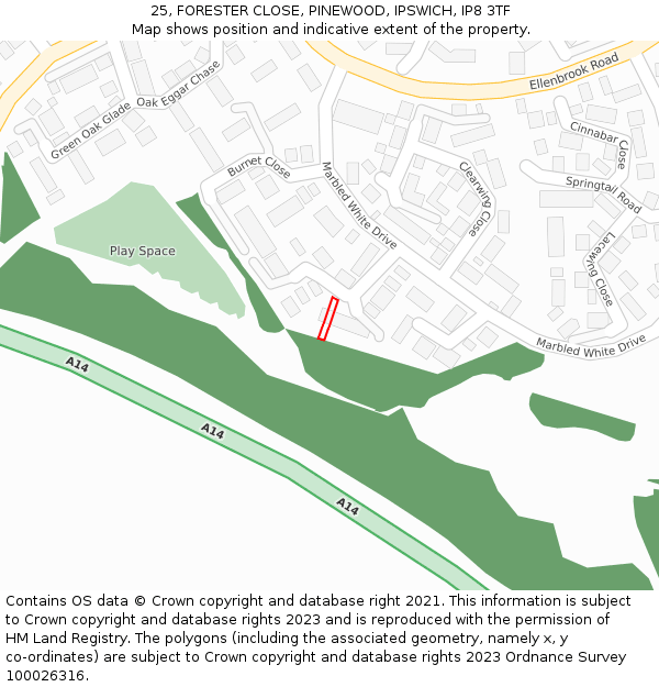 25, FORESTER CLOSE, PINEWOOD, IPSWICH, IP8 3TF: Location map and indicative extent of plot