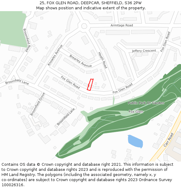 25, FOX GLEN ROAD, DEEPCAR, SHEFFIELD, S36 2PW: Location map and indicative extent of plot