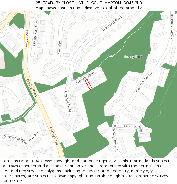 25, FOXBURY CLOSE, HYTHE, SOUTHAMPTON, SO45 3LB: Location map and indicative extent of plot