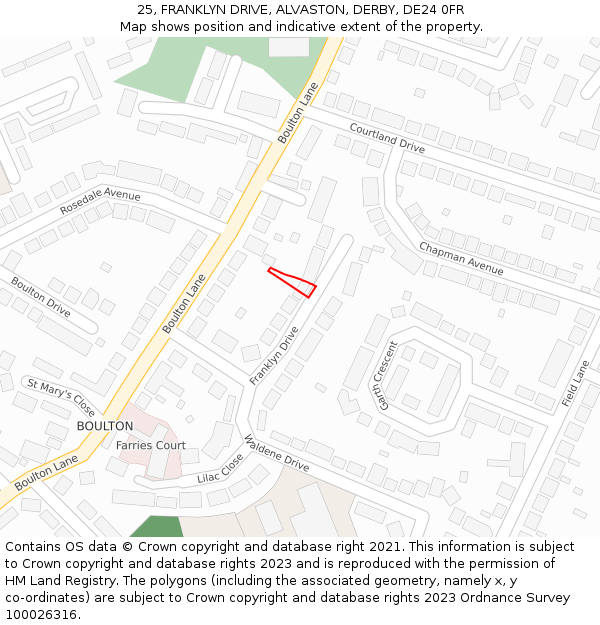 25, FRANKLYN DRIVE, ALVASTON, DERBY, DE24 0FR: Location map and indicative extent of plot