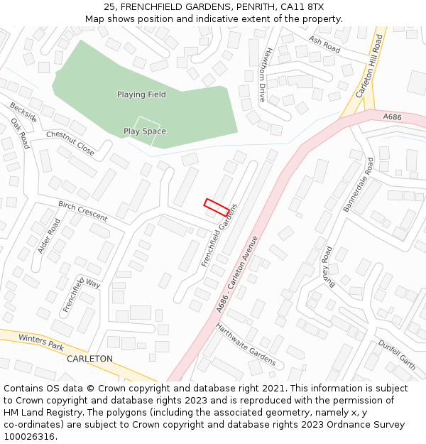 25, FRENCHFIELD GARDENS, PENRITH, CA11 8TX: Location map and indicative extent of plot